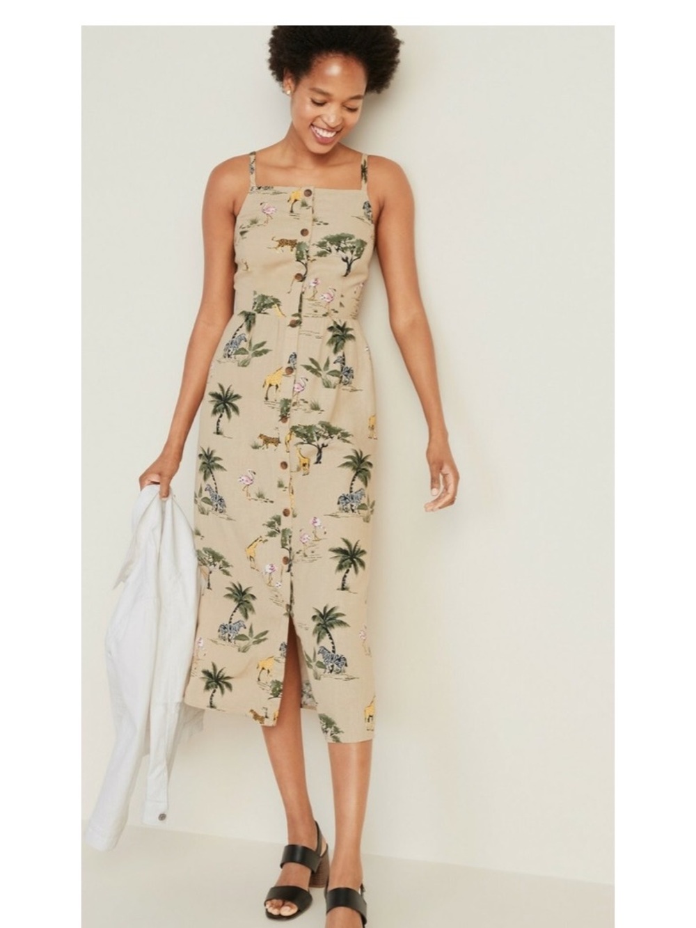 Old Navy Safari Print casual bohemian Linen-Blend Midi Dress L